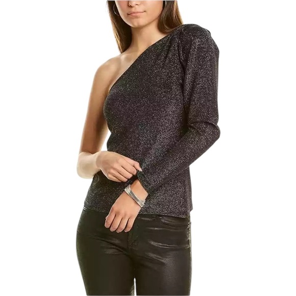 Ramy Brook Violeta One Shoulder Top Black Silver Metallic Nylon NWT XS - Picture 1 of 6